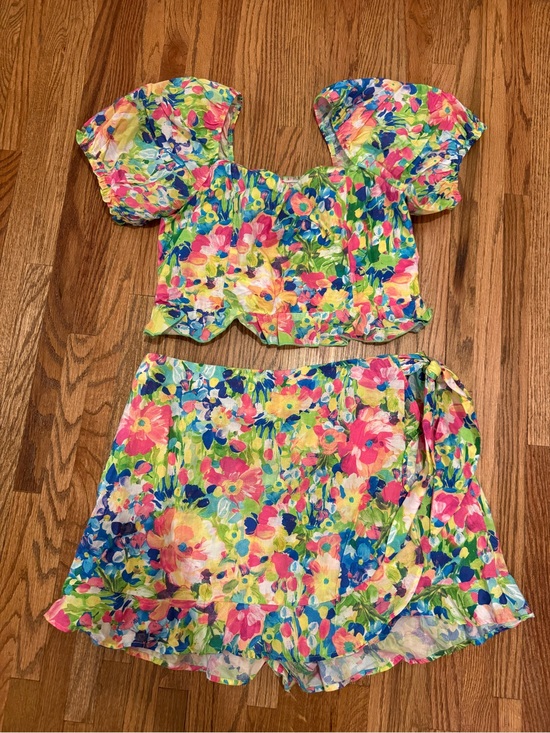 Show Me Your MuMu Dresses & Skirts - Floral Puff Sleeve Crop Top & Wrap Skort Set - Bright Multicolor